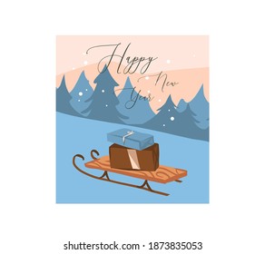 Vector dibujado a mano material divertido abstracto llano Feliz Navidad, y Feliz Año Nuevo caricatura de la tarjeta festiva con adorables ilustraciones del trineo de Navidad y regalos de caja aislados en fondo blanco