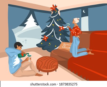 Hand drawn vector abstract fun stock flat Merry Christmas,and Happy New Year cartoon festive card with cute illustrations of Xmas happy couple at home together isolated on color background