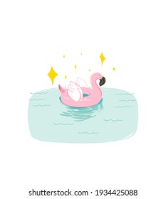Hand drawn vector abstract fun summer time illustration card with swimming pink flamingo float circle in blue ocean waves isolated on white background