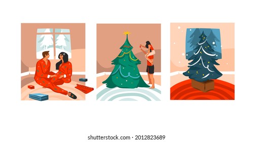 Hand drawn vector abstract fun stock flat Merry Christmas,and Happy New Year cartoon festive illustrations collection set of Xmas couple prepare xmas at home together isolated on white background.