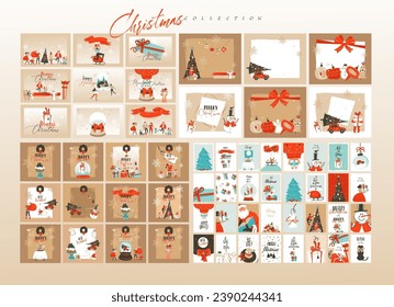 Hand drawn vector abstract fun Merry Christmas time cartoon illustrations greeting cards template and backgrounds big collection set with gift boxes,people and Xmas tree isolated on color background.