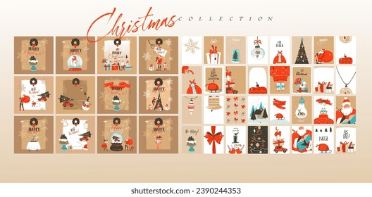 Hand drawn vector abstract fun Merry Christmas time cartoon illustrations greeting cards template and backgrounds big collection set with gift boxes,people and Xmas tree isolated on color background.