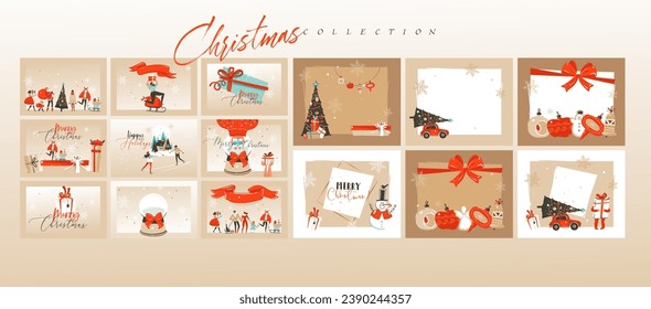 Hand drawn vector abstract fun Merry Christmas time cartoon illustrations greeting cards template and backgrounds big collection set with gift boxes,people and Xmas tree isolated on color background.