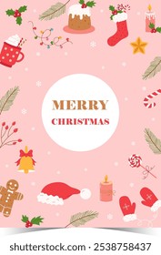 Hand drawn vector abstract fun Merry Christmas time cartoon illustrations greeting cards template and backgrounds big collection set with gift boxes,people and Xmas tree isolated on white background