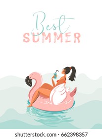 Hand drawn vector abstract fun summer time illustration card with girl swimming on pink flamingo float circle in blue ocean waves with modern calligraphy Best Summer isolated on white background.