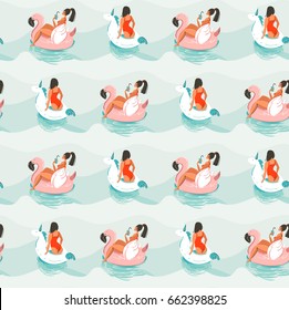 Hand drawn vector abstract fun summer time illustration seamless pattern with girlrs swimming on pink flamingo and unicorn floats circles in blue ocean waves.