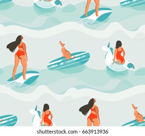 Hand drawn vector abstract fun summer time fabric seamless pattern with surfer girls,swimming unicorn circle,cute dog on surfboard isolated on blue water waves background.