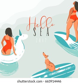 Hand drawn vector abstract fun summer time illustration card with surfer girls,swimming unicorn circle,cute dog on surfboard and modern typography quote Hello Sea 2017 isolated on blue background.