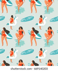 Hand drawn vector abstract fun summer time fun illustration seamless pattern with group girls,surfboards and unicorn buoy circles on water textured background.