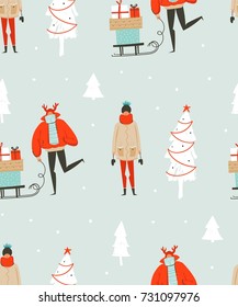 Hand drawn vector abstract fun Merry Christmas time illustration seamless pattern with people in winter clothing,many surprise gift boxes on sleigh and xmas trees isolated on blue background.