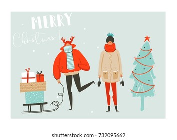 Hand drawn vector abstract fun Merry Christmas time cartoon illustration set with group of people in winter clothing,many surprise gift boxes on sleigh and xmas tree isolated on blue background.