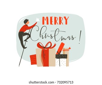 Hand drawn vector abstract fun Merry Christmas time illustration greeting card with man,star,many surprise gifts boxes and modern typography Merry Christmas isolated on white background.