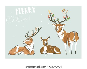 Hand drawn vector abstract fun Merry Christmas time cartoon illustration collection set with many deers and reindeers isolated on blue background.
