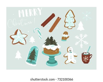 Hand drawn vector abstract fun Merry Christmas time cartoon illustration collection set with many decoration elements isolated on blue background.