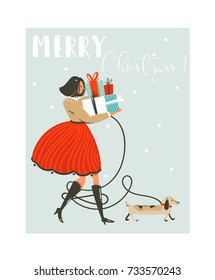 Hand drawn vector abstract fun Merry Christmas time cartoon illustration greeting card with girl in dress,dog and many surprise gift boxes on sleigh isolated on blue background.