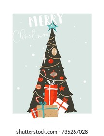 Hand drawn vector abstract fun Merry Christmas time cartoon illustration card with xmas tree and Christmas surprise gift boxes isolated on blue background.