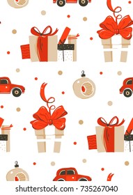 Hand drawn vector abstract fun Merry Christmas time cartoon illustration seamless pattern with surprise gift boxes,Christmas tree toy and red car isolated on white paper background.