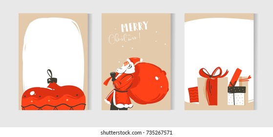 Hand drawn vector abstract fun Merry Christmas time cartoon illustrations cards collection set with Santa Claus,surprise gift boxes and Christmas tree toy isolated on craft paper background.