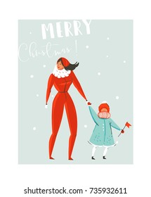 Hand drawn vector abstract fun Merry Christmas time cartoon illustration set with family mother and daughter walking in winter clothing isolated on blue background.