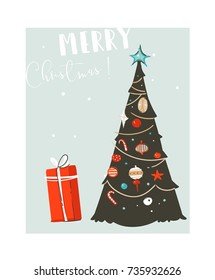 Hand drawn vector abstract fun Merry Christmas time cartoon illustration card with xmas tree and Christmas surprise gift boxes isolated on blue background