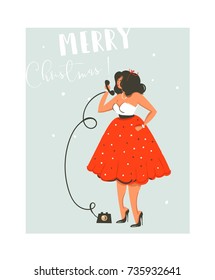 Hand drawn vector abstract fun Merry Christmas time cartoon illustration card with pretty girl in dress who talking on the phone isolated on blue background.