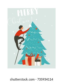Hand drawn vector abstract fun Merry Christmas time cartoon illustration card with father who decorated Christmas tree and surprise gift boxes isolated on blue background.