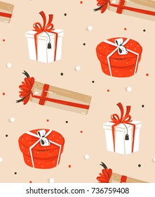 Hand drawn vector abstract fun Merry Christmas time cartoon illustrations seamless pattern with cute retro vintage Christmas gifts boxes isolated on craft paper background.