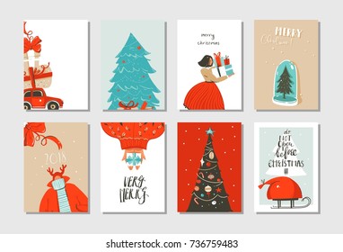 Hand drawn vector abstract fun Merry Christmas time cartoon cards collection set with cute illustrations,surprise gift boxes ,Christmas tree and modern calligraphy isolated on white background.