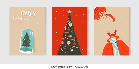 Hand drawn vector abstract fun Merry Christmas time cartoon cards collection set with cute illustrations isolated on craft paper background.