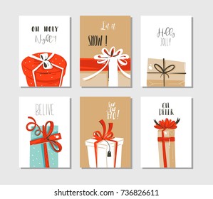 Hand drawn vector abstract fun Merry Christmas time cartoon cards or tags collection set with cute illustrations of surprise gift boxes and modern typography isolated on craft paper background.