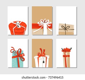 Hand drawn vector abstract fun Merry Christmas time cartoon cards or tags collection set with cute illustrations of surprise gift boxes isolated on craft paper background.