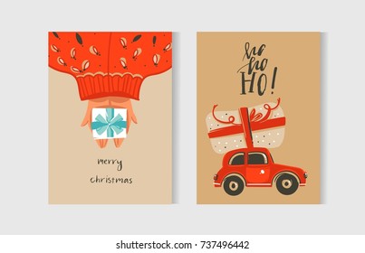 Hand drawn vector abstract fun Merry Christmas time cartoon cards collection set with cute illustrations and surprise gift boxes isolated on kraft paper background.