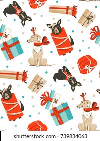 Diversión dibujada a mano divertida abstracta La caricatura navideña ilustra un patrón sin fisuras con adorables perros mamíferos graciosos en vintage cajas de regalos de Navidad aisladas en fondo blanco.