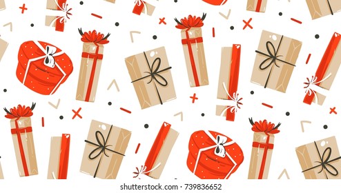 Hand drawn vector abstract fun Merry Christmas time cartoon illustrations seamless pattern with cute retro vintage Christmas gifts isolated on white background.