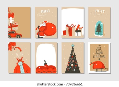 Hand drawn vector abstract fun Merry Christmas time cartoon cards collection set with cute illustrations,surprise gift boxes ,Christmas tree and modern calligraphy isolated on white background.