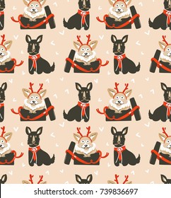 Hand drawn vector abstract fun Merry Christmas time cartoon illustrations seamless pattern with cute funny mammal dogs in vintage Christmas gifts boxes isolated on craft paper background.