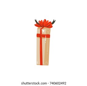 Hand drawn vector abstract fun Merry Christmas time cartoon icon illustration with home made craft paper surprise gift box with red bow isolated on white background.
