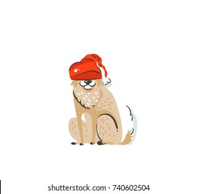 Hand drawn vector abstract fun Merry Christmas time cartoon icon illustration with mammal happy dog with Santa Claus hat isolated on white background.