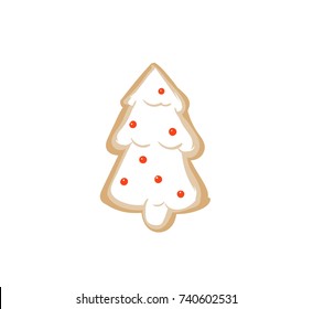 Hand drawn vector abstract fun Merry Christmas time cartoon illustration card with baked gingerbread cookie Christmas tree shape isolated on white background.