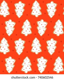 Hand drawn vector abstract fun Merry Christmas time cartoon illustration seamless pattern with baked gingerbread cookies Christmas trees shape isolated on red background.