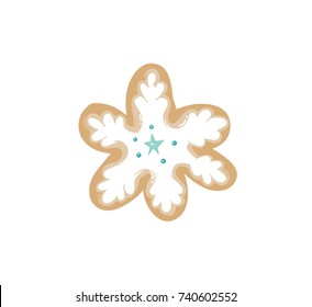 Hand drawn vector abstract fun Merry Christmas time cartoon illustration with baked gingerbread cookie snowflake shape isolated on white background.