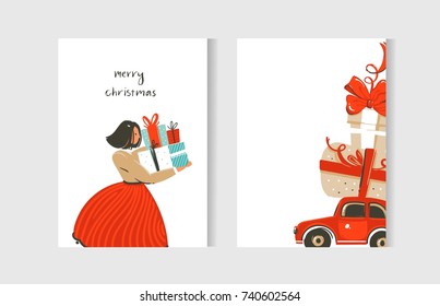 Hand drawn vector abstract fun Merry Christmas time cartoon cards collection set with cute illustrations and surprise gift boxes isolated on white background.