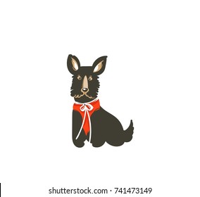 Hand drawn vector abstract fun Merry Christmas time cartoon icon illustration with mammal happy dog schnauzer in red costume isolated on white background.