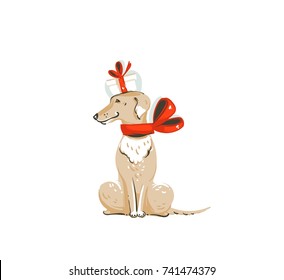 Hand drawn vector abstract fun Merry Christmas time cartoon icon illustration with mammal happy dog,surprise gift box and red bow isolated on white background.