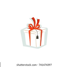 Hand drawn vector abstract fun Merry Christmas time cartoon icon illustration with home made craft paper surprise gift box with red bow isolated on white background.