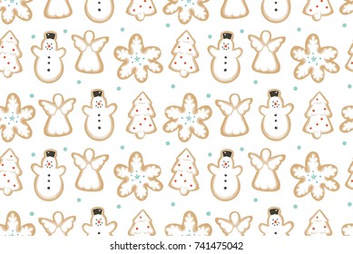 Hand drawn vector abstract fun Merry Christmas time cartoon illustration seamless pattern with baked ginger breads cookies isolated on white background.