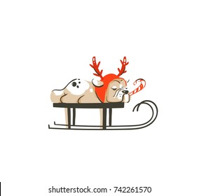 Hand drawn vector abstract fun Merry Christmas time cartoon illustration icon with french bulldog in deer costume on sleigh isolated on white background.