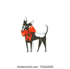 Hand drawn vector abstract fun Merry Christmas time cartoon icon illustration with mammal happy dog and red bow isolated on white background.