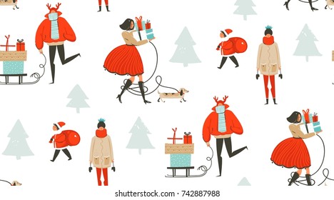 Hand drawn vector abstract fun Merry Christmas time cartoon illustration seamless pattern with people walking in winter clothing and surprise gift boxes isolated on white background.