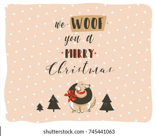 Hand drawn vector abstract fun Merry Christmas time cartoon illustrations poster with xmas dogs and modern handwritten calligraphy text We Woof you a Merry Christmas isolated on pastel background.